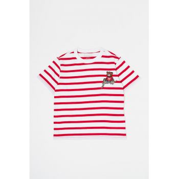 Tricou de bumbac cu model in dungi si logo brodat