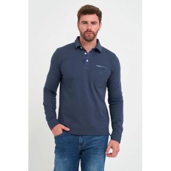 Tricou polo barbat cu maneca lunga cu logo - Albastru