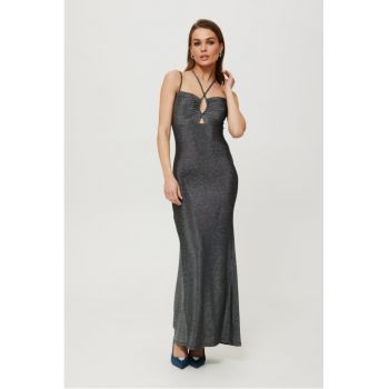 Rochie maxi metalica cu bretele incrucisate la decolteu -