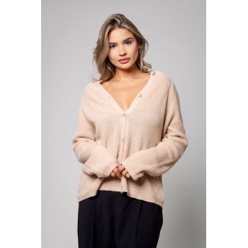 Pulover cu nasturi din mix de lana si casmir Beige 13994