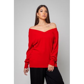 Pulover din mix de lana si casmir cu decolteu in V - Red 13829