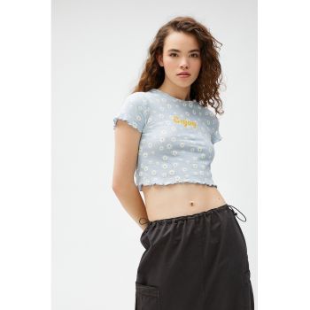 Tricou crop de bumbac cu model floral