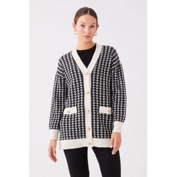 Cardigan lung cu imprimeu houndstooth