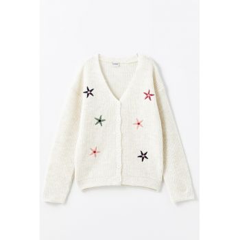 Cardigan cu broderie si decolteu in V