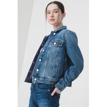 Jacheta crop din denim cu strasuri