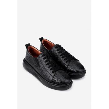 Pantofi negri din piele croco cu elastic in laterale