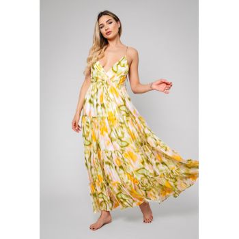 Rochie lunga din mix matase Green/Yellow 12082