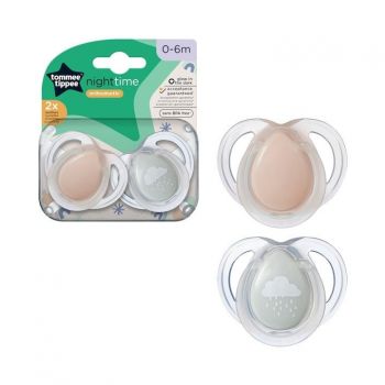 Set 2 Suzete ortodontice Tommee Tippee Night Time, 0-6 luni, Roz-Gri, cutie sterilizare