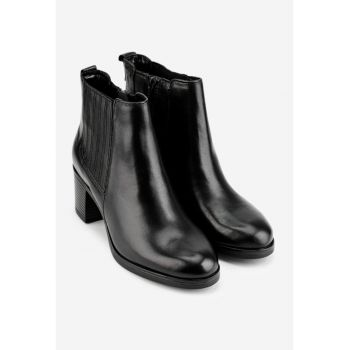 Botine dama negre din piele cu toc