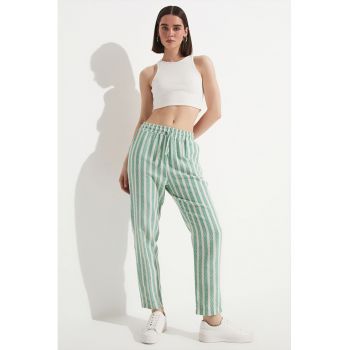 Pantaloni din bumbac cu model in dungi si snur de ajustare in talie