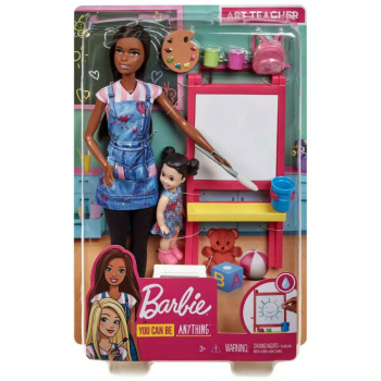 Papusa Barbie Dark Skin Art Teacher & Brunette Kid (gjm30)