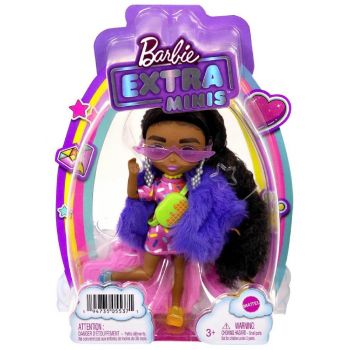 Papusa Barbie Extra Minis Dark Skin Wearing Faux Fur Coat Purple (hgp63)