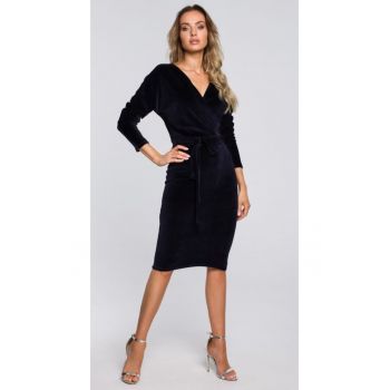 Rochie din catifea cu partea de sus invelita si curea - negru