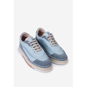 Pantofi bleu din piele cu aspect perforat