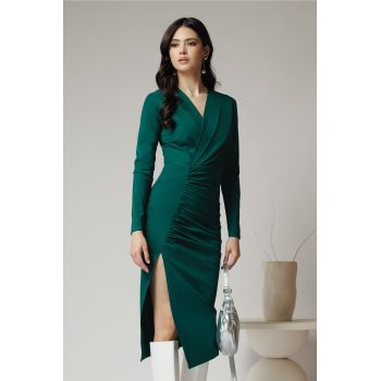 Rochie DY Fashion eleganta din lycra verde cu fronseu pe fusta