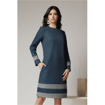 Rochie DY Fashion office din stofa albastra cu benzi bleu