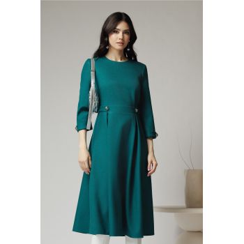 Rochie DY Fashion office din stofa verde cu nasturi in talie