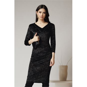 Rochie eleganta din catifea neagra cu imprimeu maro