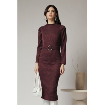 Rochie Moze office din jerse burgundy cu catarama in talie