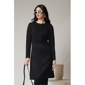 Rochie Moze office din stofa neagra cu flori la bust