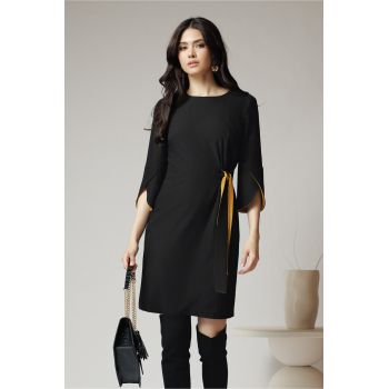 Rochie office din stofa neagra cu nod in talie si detalii galbene