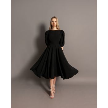 Rochie midi Elegance Negru stofa maneci bufante