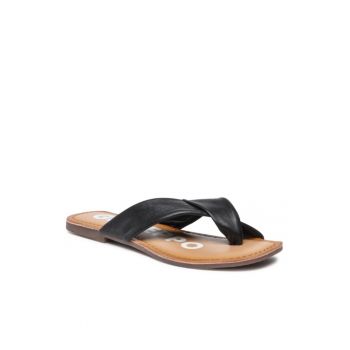 Papuci flip-flop cu deget pentru dama - Piele naturala - Negru