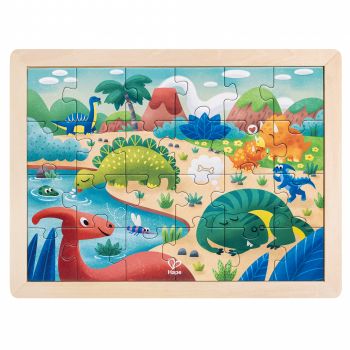 Puzzle din lemn 2 in 1 - Dinozauri (26 piese), cu fata dubla si activitate colorare