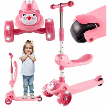 Trotineta pliabila 2in1 cu sezut si roti luminoase LED Pink Kitty