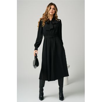 Rochie DY Fashion eleganta din voal neagra cu nasturi pe umeri si curea in talie