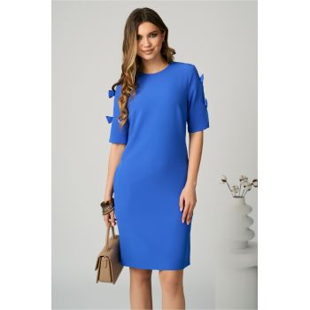 Rochie DY Fashion office din stofa albastra cu funde pe maneci