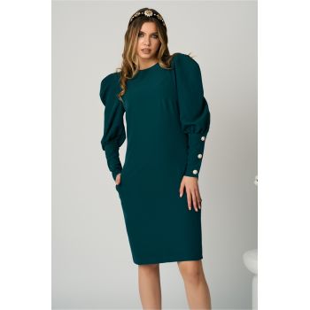 Rochie DY Fashion office din stofa verde cu nasturi pe maneci