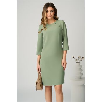 Rochie DY Fashion office din stofa verde fistic cu nasturi la umeri