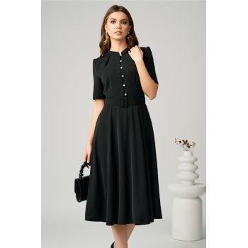 Rochie DY Fashion office din triplu voal neagra cu nasturi la bust si curea in talie