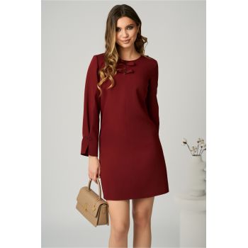 Rochie Moze office din stofa bordo cu fundite pe bust