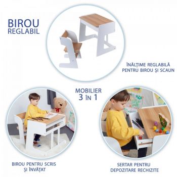 Birou pentru copii reglabil din MDF cu scaunel reglabil si spatiu de depozitare