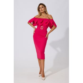 Rochie de ocazie din neopren cu volane tip petala Josephine Fucsia