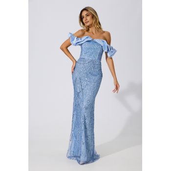 Rochie de ocazie premium din tull cu paiete Romance Bleu