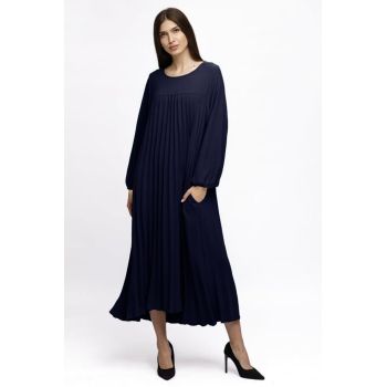 Rochie plisata A-line cu maneca lunga cu elastic, bleumarin