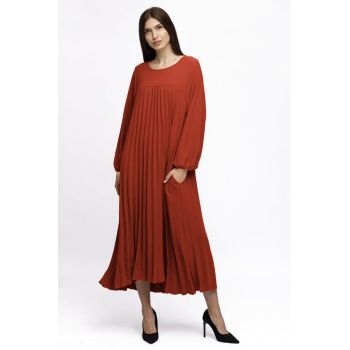 Rochie plisata A-line cu maneca lunga cu elastic, caramizie