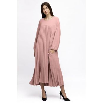 Rochie plisata A-line cu maneca lunga cu elastic, roz prafuit