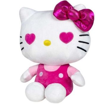 Jucarie din plus Hello Kitty cu salopeta roz, Editie aniversara, 16 cm