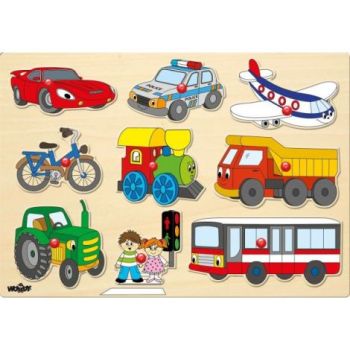 Puzzle din lemn cu butoni - Mijloace de transport