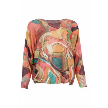 Bluza cu maneca lunga fluture si imprimeu abstract multicolor