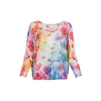 Bluza cu maneca lunga fluture si imprimeu flori multicolore pastelate