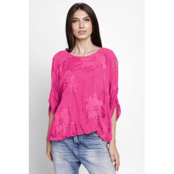 Bluza din matase naturala brodata, cu dantela pe spate, fucsia