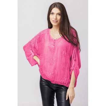 Bluza din matase naturala fucsia brodata si dantela pe spate