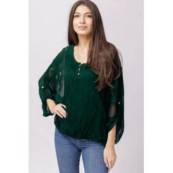 Bluza din matase naturala verde inchis brodata si dantela pe spate