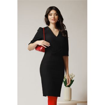 Rochie DY Fashion office din stofa neagra cu funda in talie