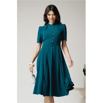 Rochie DY Fashion office din triplu voal verde cu nasturi la bust si curea in talie